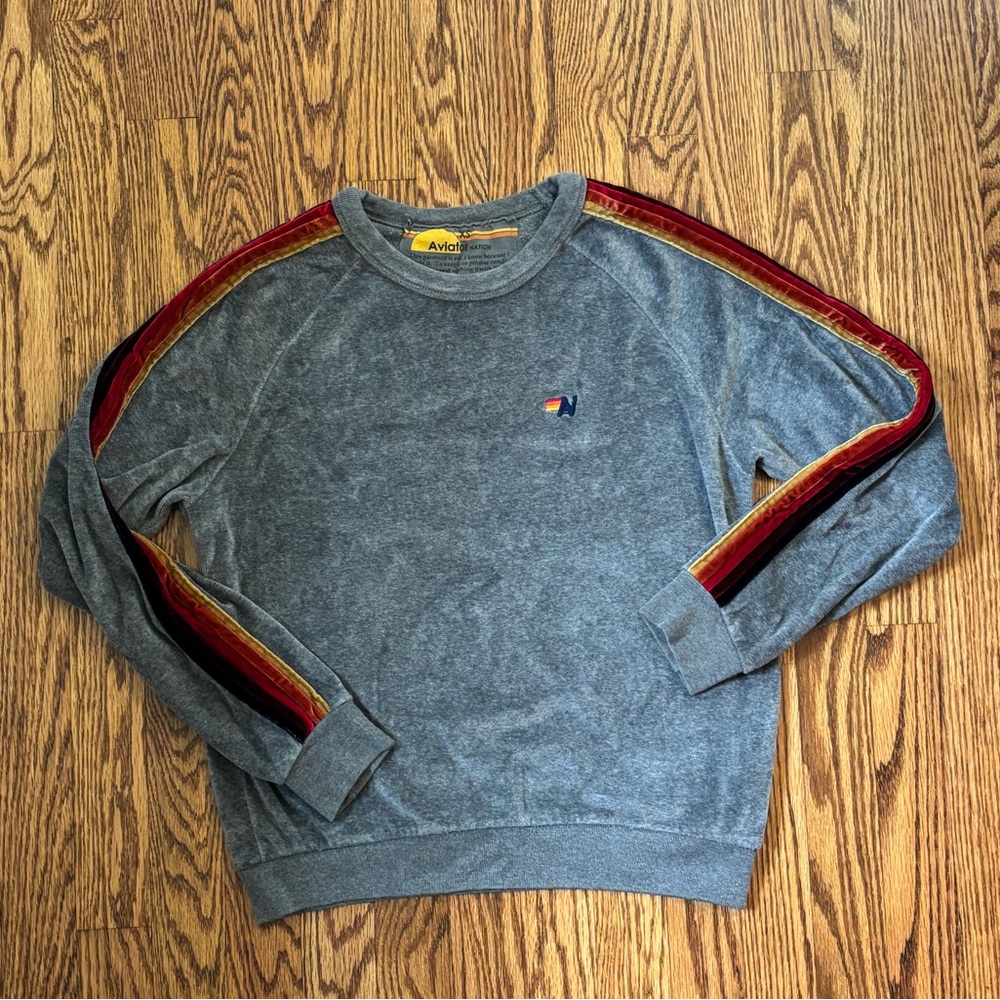 Aviator Nation Gray and Red Velour Sweatshirt with Sporty Stripes
